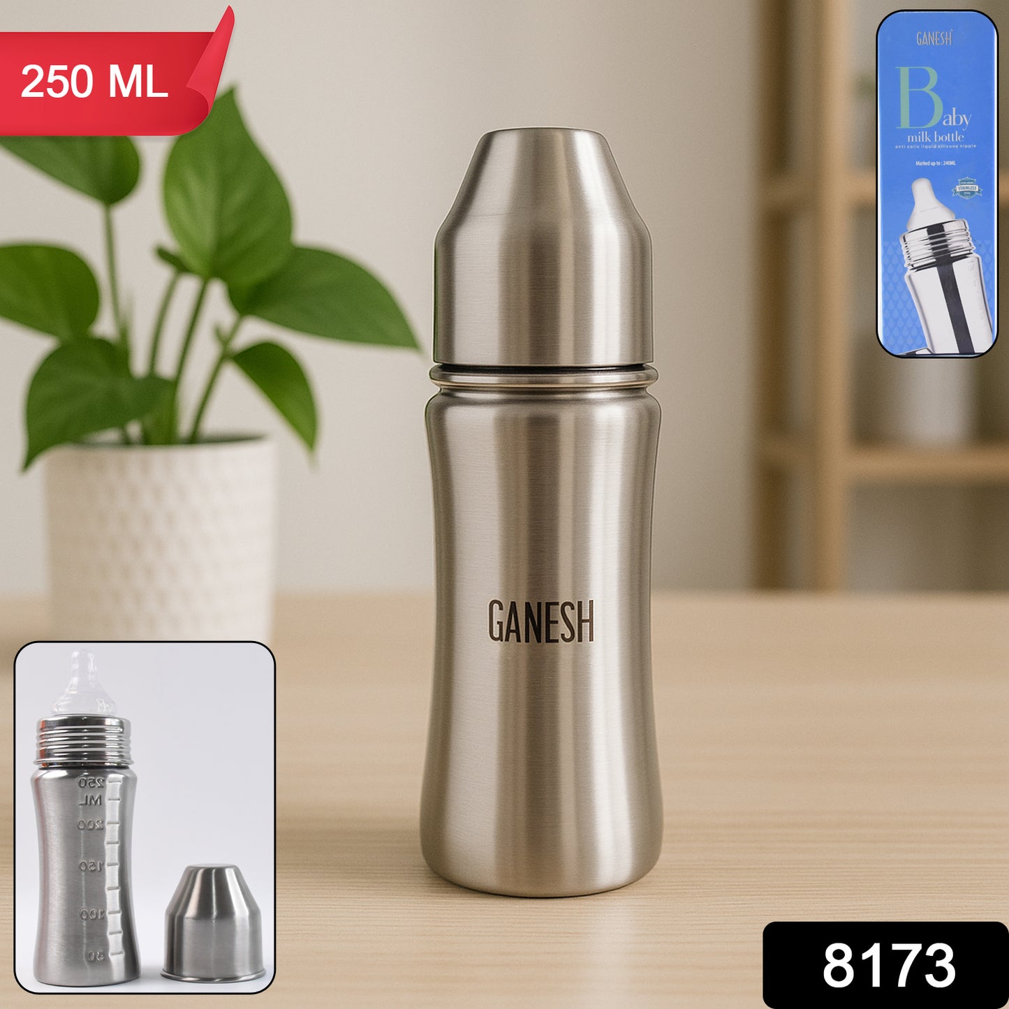 8173 Ganesh Stainless Steel Baby Feeding Bottle Milk Bottle For New Born Infants Toddler Up To 3 Years Bfa Free (250 Ml Approx)