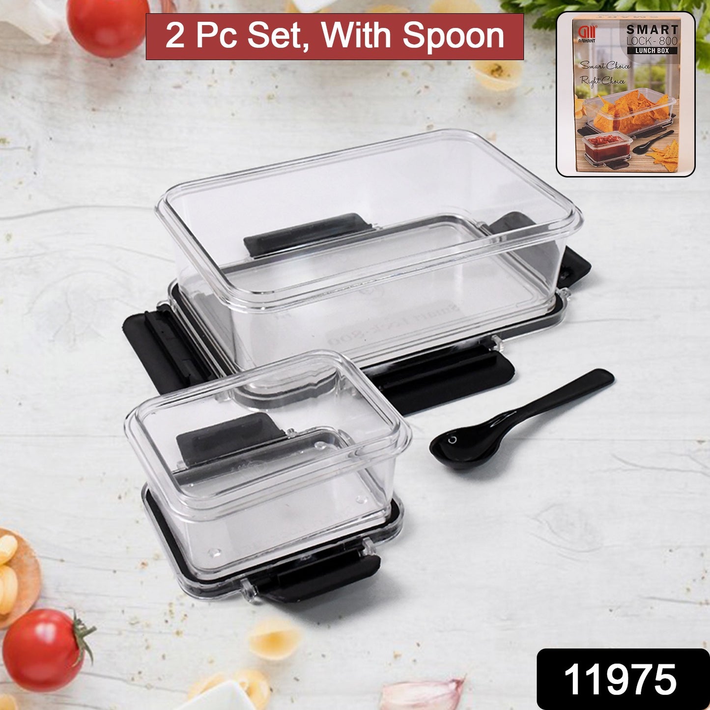 Plastic Kitchen Storage Container Big 800 Ml Small 250 Ml With Air Seal Lock Lid Spoon