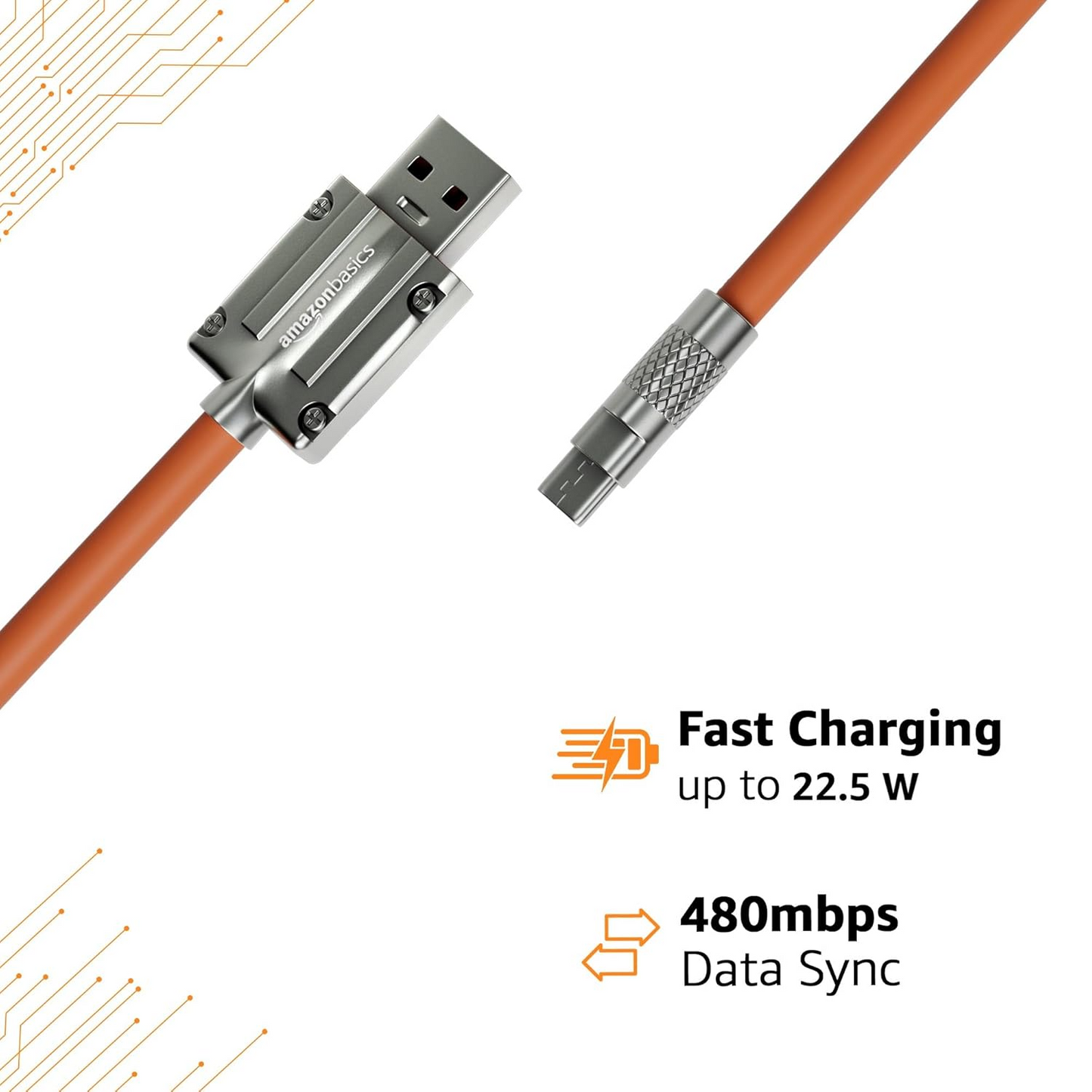 Type A To Type C Cable With Metal Connectors |22.5W Fast Charging And 480Mbps Data Transfer Speed |1.2M Silicone Cable, Sunset Orange, Black