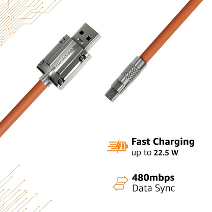 Type A To Type C Cable With Metal Connectors |22.5W Fast Charging And 480Mbps Data Transfer Speed |1.2M Silicone Cable, Sunset Orange, Black