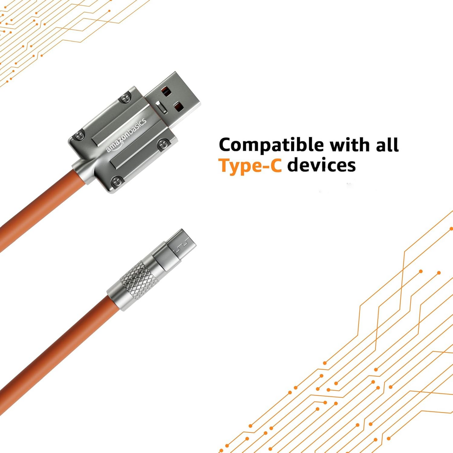 Type A To Type C Cable With Metal Connectors |22.5W Fast Charging And 480Mbps Data Transfer Speed |1.2M Silicone Cable, Sunset Orange, Black